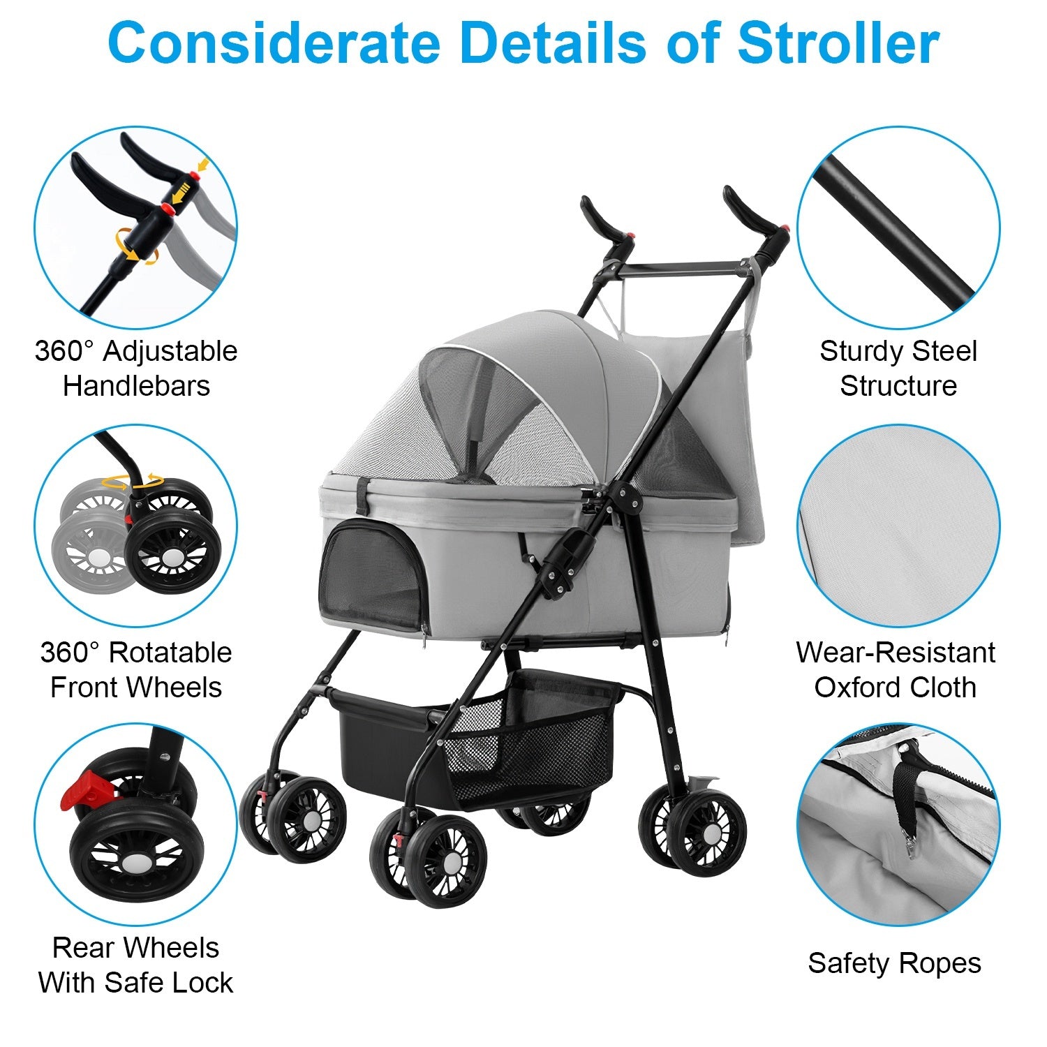 4-Wheel Foldable Pet Stroller – Travel Jogger with Removable Carrier Bag, Storage Basket, and 360° Swivel Wheels for Dogs and Cats