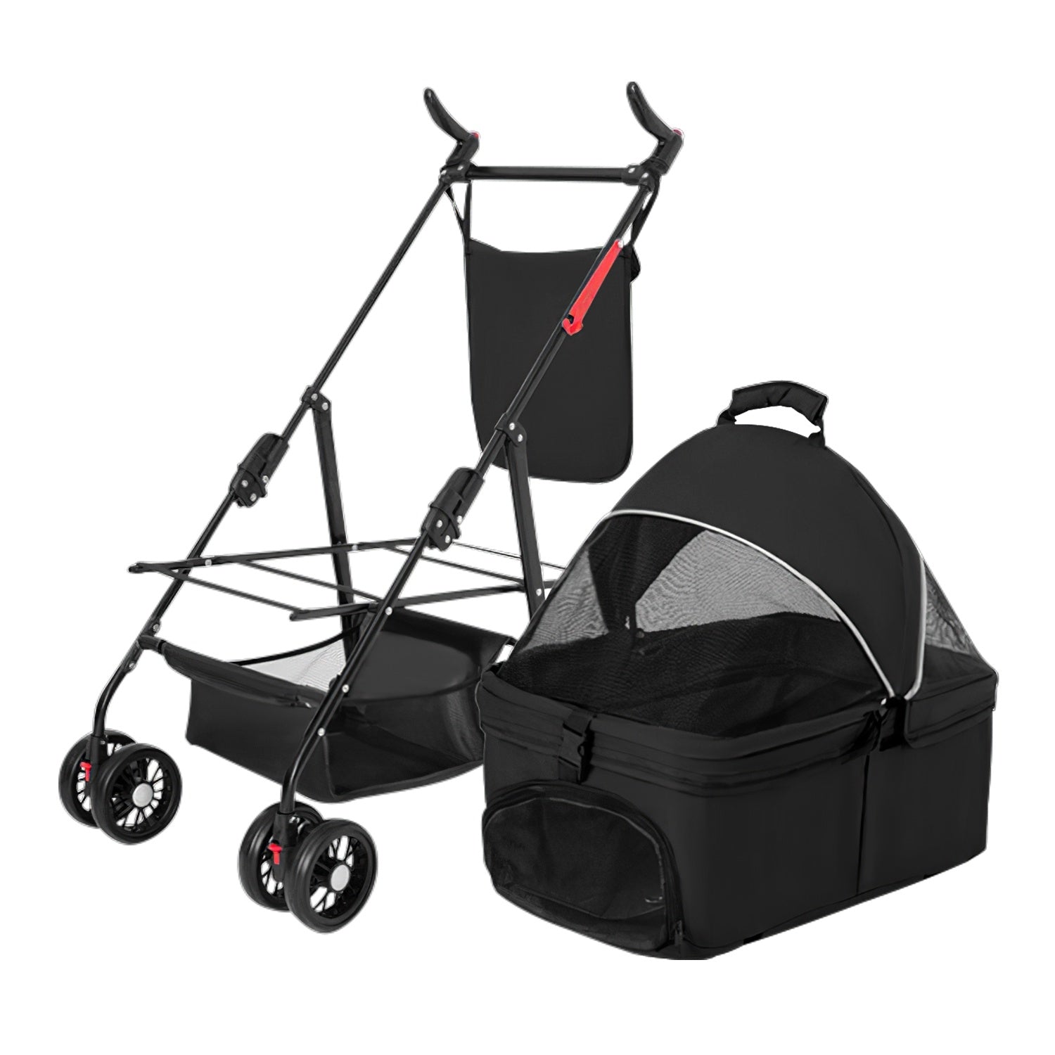 4-Wheel Foldable Pet Stroller – Travel Jogger with Removable Carrier Bag, Storage Basket, and 360° Swivel Wheels for Dogs and Cats
