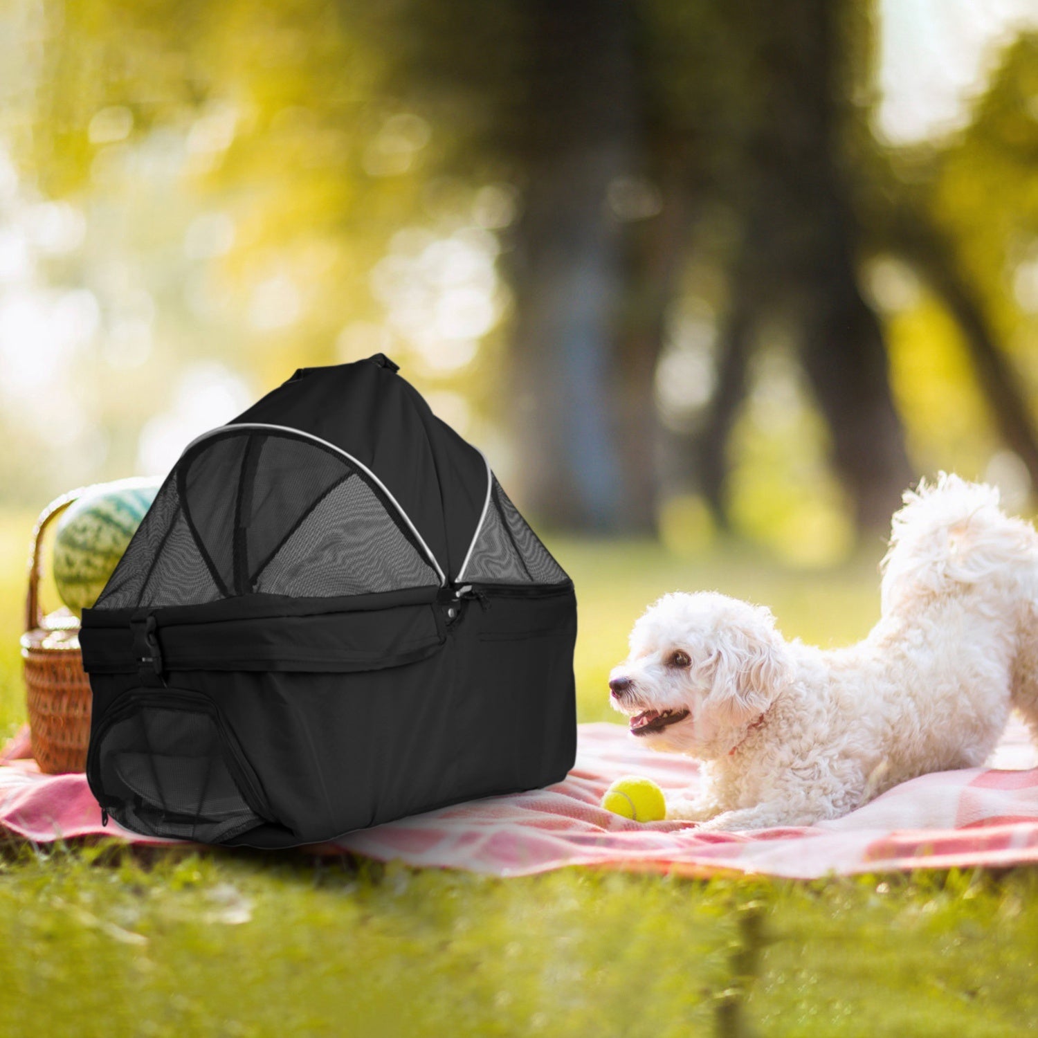 4-Wheel Foldable Pet Stroller – Travel Jogger with Removable Carrier Bag, Storage Basket, and 360° Swivel Wheels for Dogs and Cats