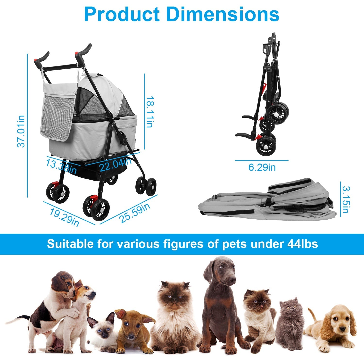 4-Wheel Foldable Pet Stroller – Travel Jogger with Removable Carrier Bag, Storage Basket, and 360° Swivel Wheels for Dogs and Cats