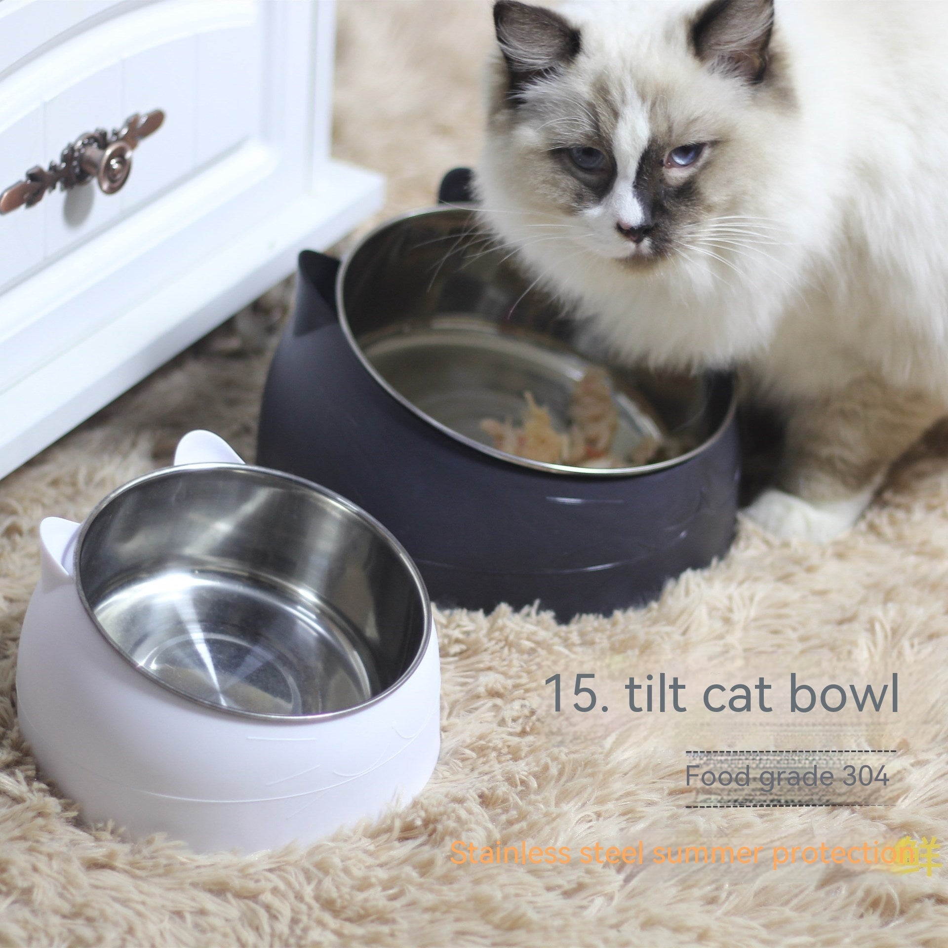Stainless Steel Double Dog Bowl – Elevated Oblique Design for Neck Protection, Pet Food & Water Bowl