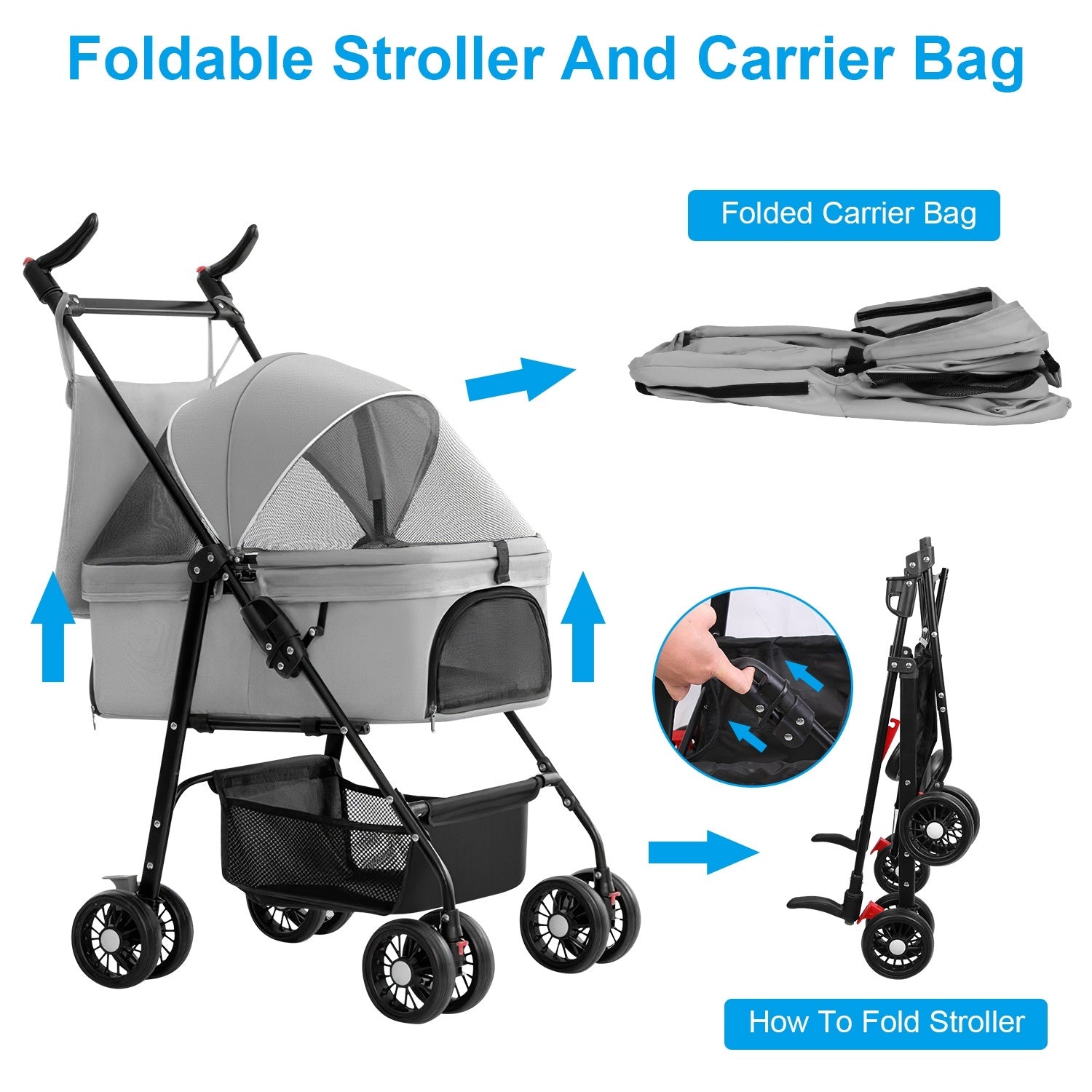 4-Wheel Foldable Pet Stroller – Travel Jogger with Removable Carrier Bag, Storage Basket, and 360° Swivel Wheels for Dogs and Cats