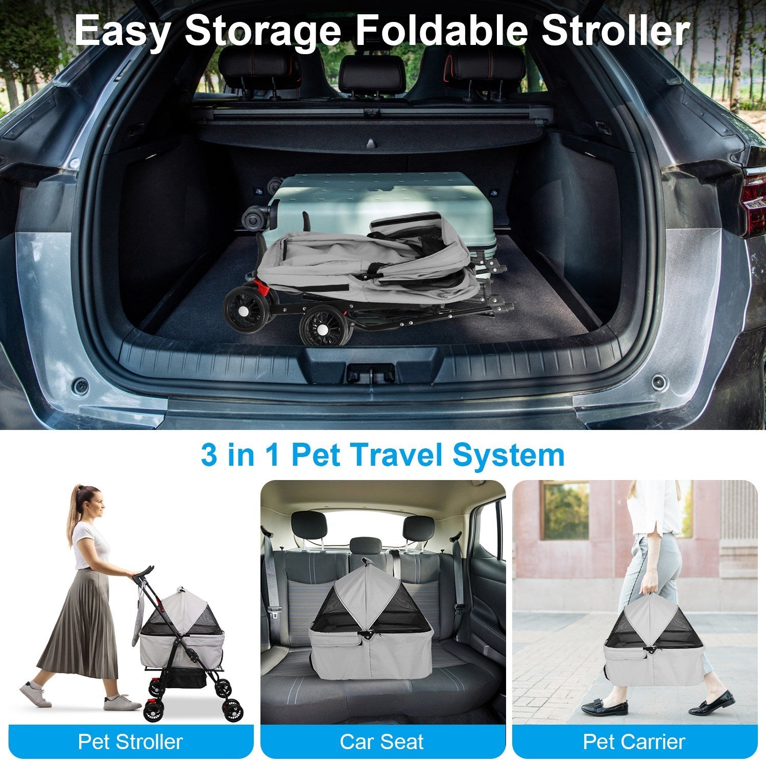 4-Wheel Foldable Pet Stroller – Travel Jogger with Removable Carrier Bag, Storage Basket, and 360° Swivel Wheels for Dogs and Cats