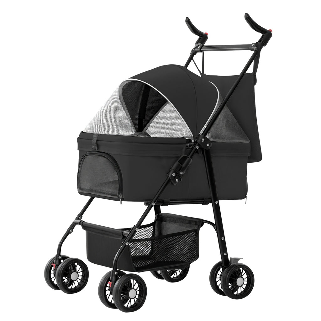 4-Wheel Foldable Pet Stroller – Travel Jogger with Removable Carrier Bag, Storage Basket, and 360° Swivel Wheels for Dogs and Cats