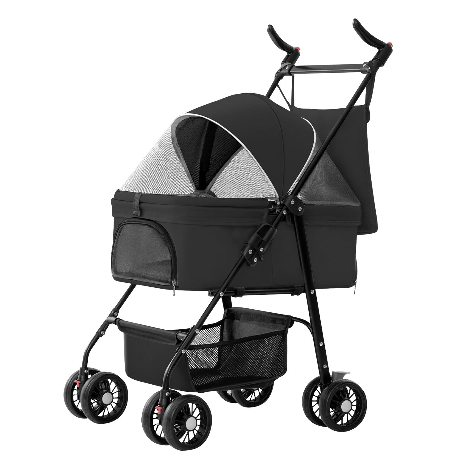 4-Wheel Foldable Pet Stroller – Travel Jogger with Removable Carrier Bag, Storage Basket, and 360° Swivel Wheels for Dogs and Cats