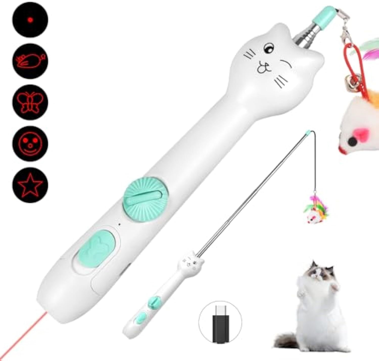 Interactive Cat Toy – Rechargeable Laser Pointer & Feather Wand, 2-in-1 Play Toy for Indoor Cats & Kittens